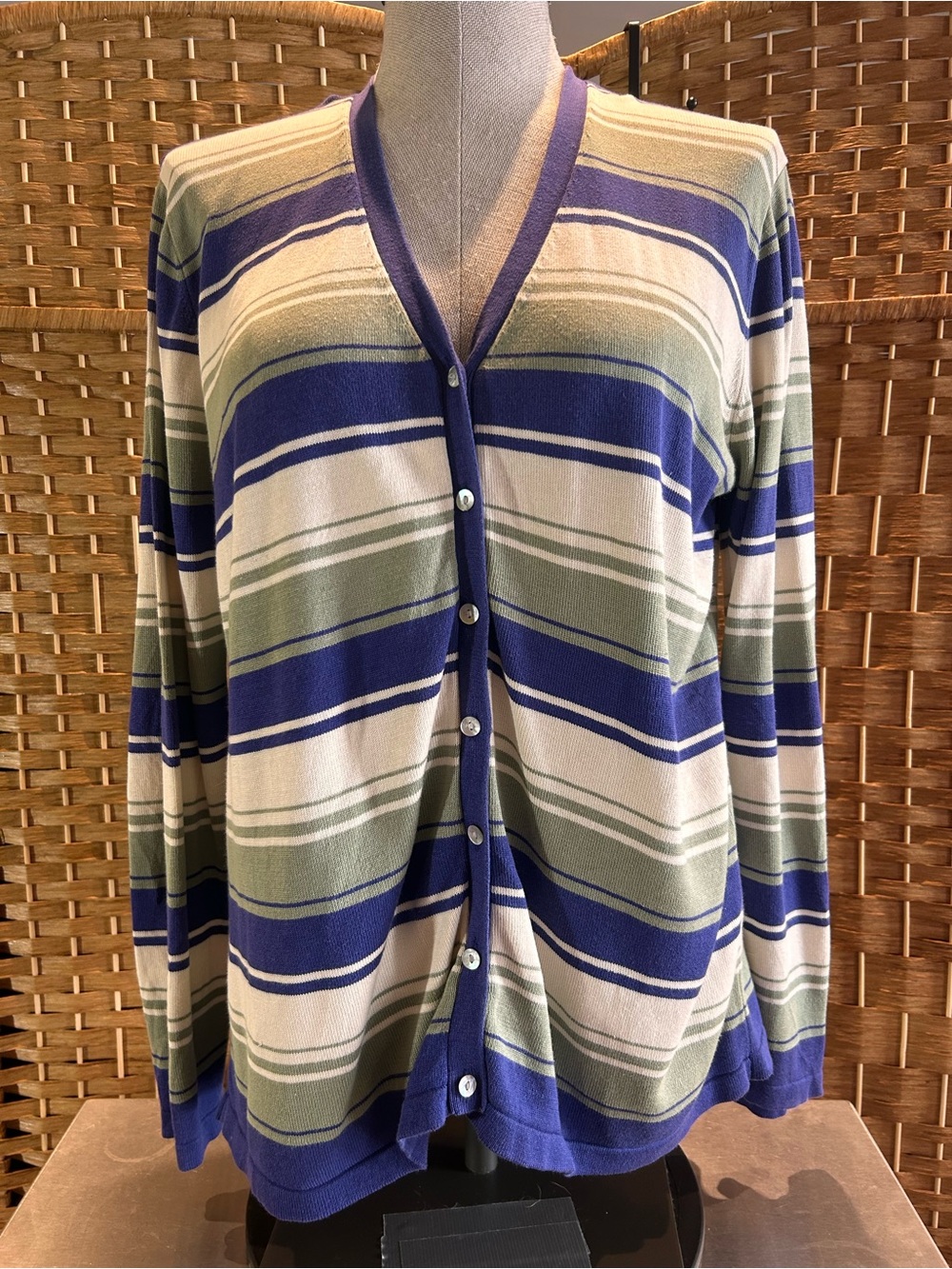 Silk Cotton Striped Cardigan Sweater L Coastal Preppy Lightweight Knit